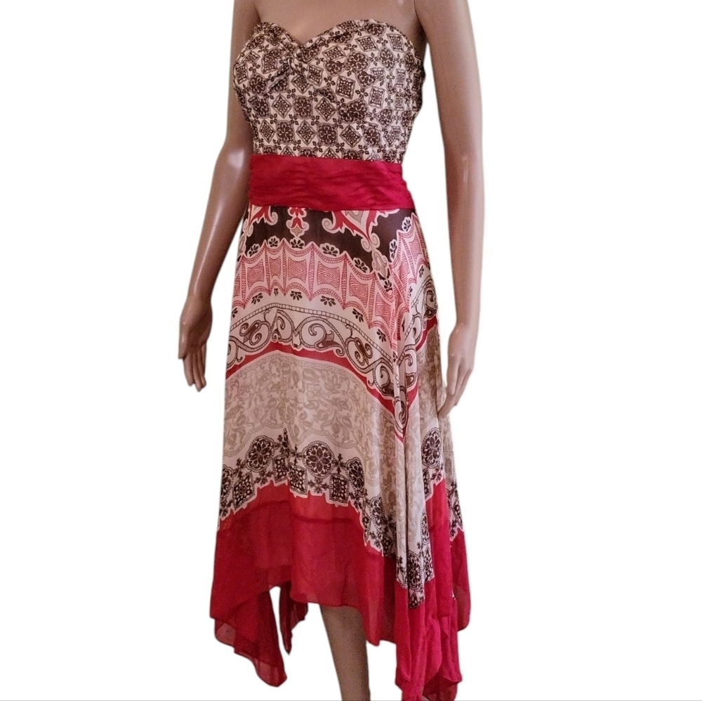 Sangria Strapless Red and Brown Silk Handkerchief Dress - Size 14